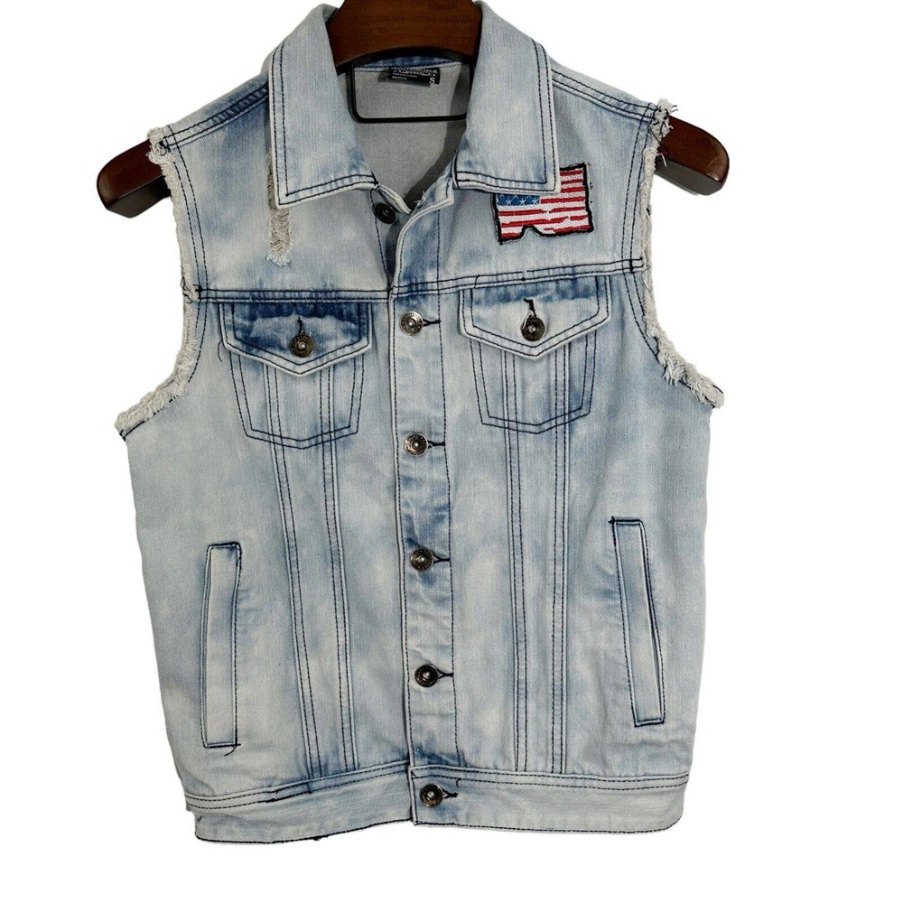 Southpole Mens Jean‎ Jacket Vest Denim American Flag Patch Distressed Blue Small